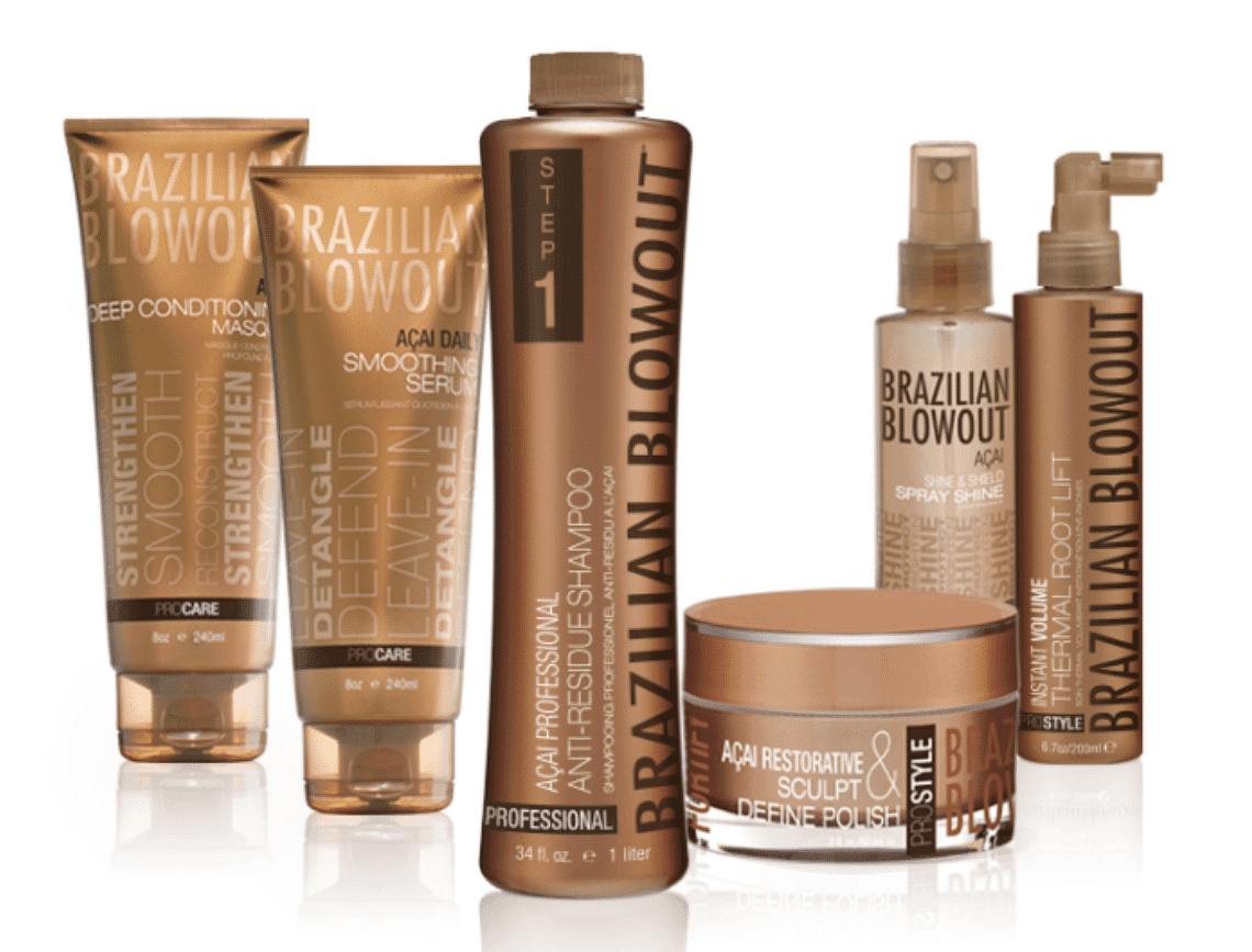 Brazilian Blowout hair care products showcasing shampoo, conditioner, serum, and styling sprays.
